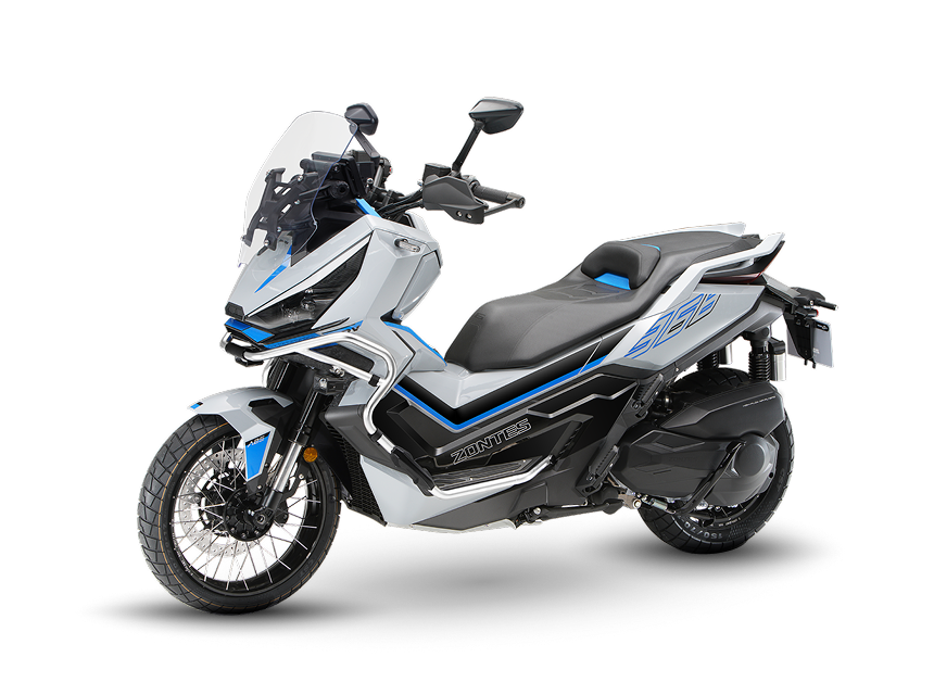 Zontes motos en Uruguay - Zontes 368G con frente envolvente, ruedas de dibujo mixto y una postura adventure bien equilibrada. Zontes motos en Uruguay - Zontes 368G blanca con detalles azules, parabrisas elevado y una figura dinamica de gran continuidad visual.