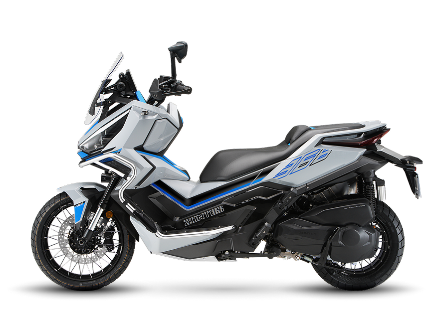 Zontes motos en Uruguay - Zontes 368G con lineas alargadas, proteccion frontal y una imagen adventure moderna y bien plantada. Zontes motos en Uruguay - Zontes 368G blanca y negra con perfil completo, parabrisas alto y una silueta robusta orientada al recorrido.