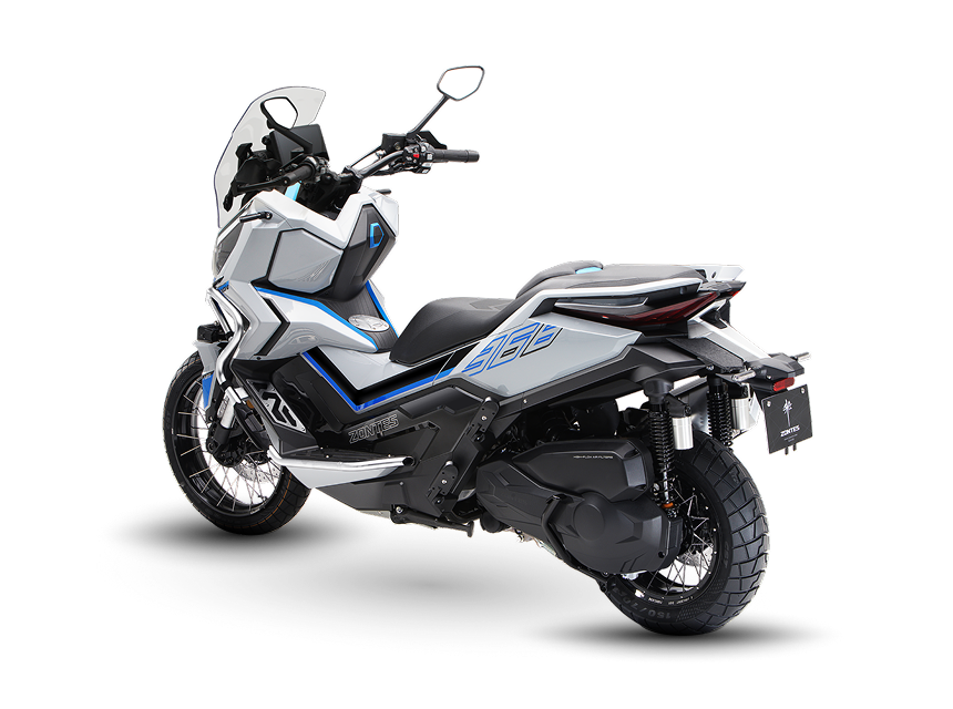 Zontes motos en Uruguay - Zontes 368G con una perspectiva trasera lateral, postura firme y una composicion moderna de gran continuidad. Zontes motos en Uruguay - Zontes 368G blanca con sector trasero elevado, doble amortiguador y una figura adventure de rasgos bien definidos.