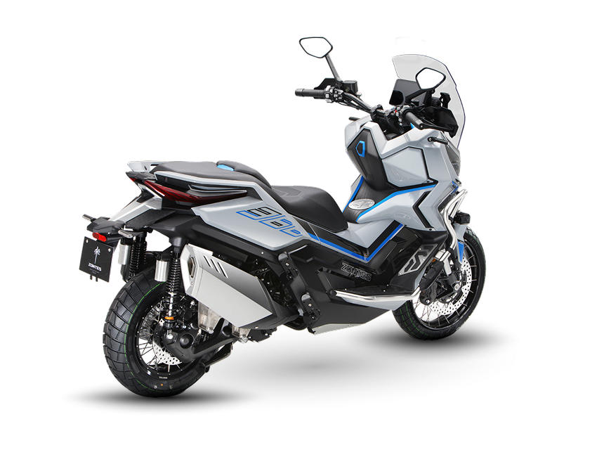 Zontes motos en Uruguay - Zontes 368G en perspectiva trasera con volumen amplio, trazos angulosos y una imagen moderna bien definida. Zontes motos en Uruguay - Zontes 368G blanca y azul con cola elevada, doble amortiguador y una figura robusta de estilo adventure.