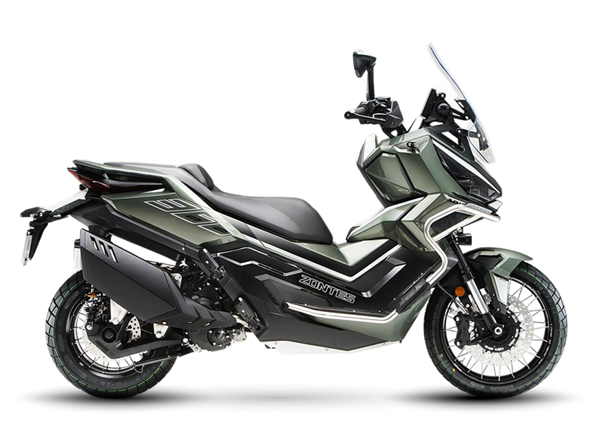 Zontes motos en Uruguay - Zontes 368G en verde con lineas angulosas, asiento largo y una figura pensada para recorrer. Zontes motos en Uruguay - Zontes 368G verde y negra con parabrisas alto, defensas delanteras y un perfil amplio de gran presencia.