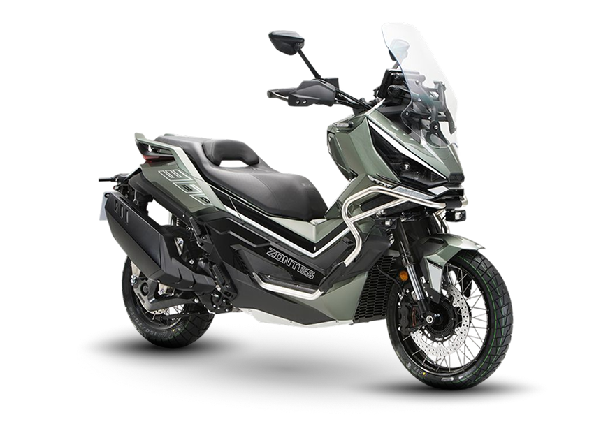 Zontes motos en Uruguay - Zontes 368G en verde oliva con proteccion frontal, llantas de rayos y una postura de gran solidez. Zontes motos en Uruguay - Zontes 368G verde con parabrisas transparente, frente envolvente y un conjunto robusto de estilo adventure.