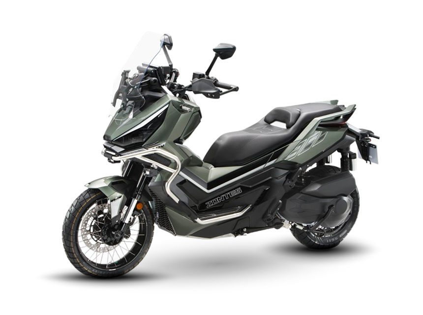 Zontes motos en Uruguay - Zontes 368G en verde con carroceria envolvente, asiento amplio y una presencia adventure bien equilibrada. Zontes motos en Uruguay - Zontes 368G verde con parabrisas elevado, frente marcado y una figura dinamica de gran continuidad visual.