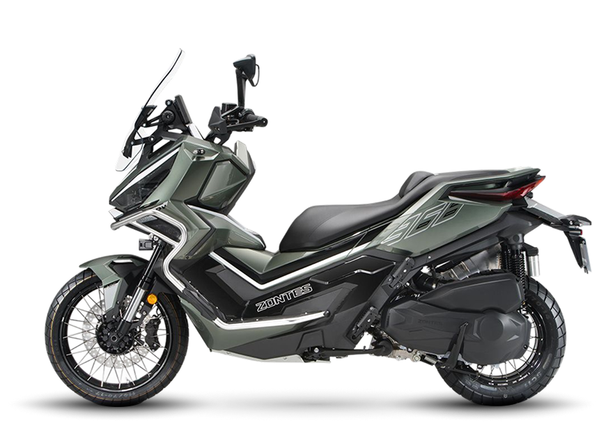 Zontes motos en Uruguay - Zontes 368G en verde con lineas alargadas, ruedas de dibujo mixto y una imagen moderna y firme. Zontes motos en Uruguay - Zontes 368G verde y negra con perfil lateral, asiento largo y una silueta amplia orientada al recorrido.