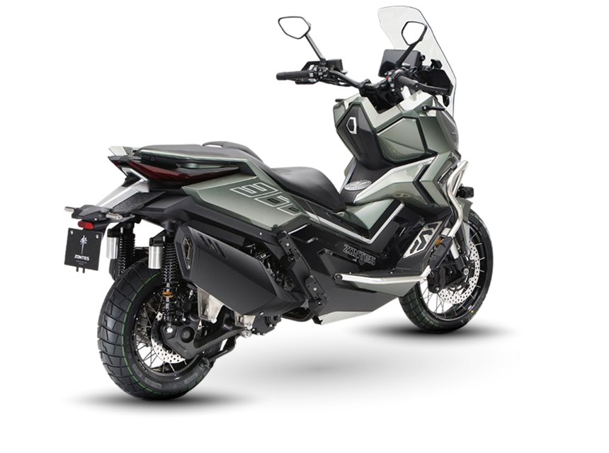 Zontes motos en Uruguay - Zontes 368G en verde oliva con perspectiva trasera, volumen amplio y una imagen moderna bien definida. Zontes motos en Uruguay - Zontes 368G verde con cola elevada, doble amortiguador y una figura robusta de estilo adventure.