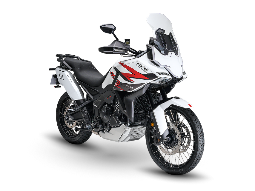 Zontes motos en Uruguay - Moto Zontes 703F blanca y roja con diseño adventure y líneas laterales marcadas. Zontes motos en Uruguay - Zontes 703F blanca con detalles rojos de perfil, ruedas de rayos y parabrisas alto.