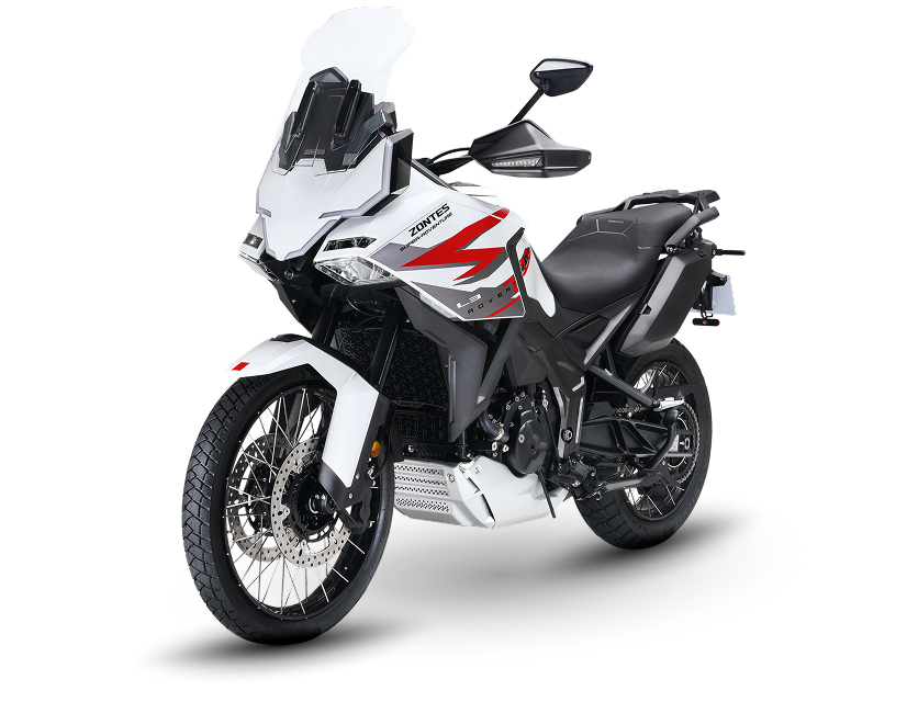 Zontes motos en Uruguay - Moto Zontes 703F frontal en color blanco y rojo con diseño robusto. Zontes motos en Uruguay - Zontes 703F blanca con detalles rojos de frente, parabrisas alto, espejos y ópticas delanteras.