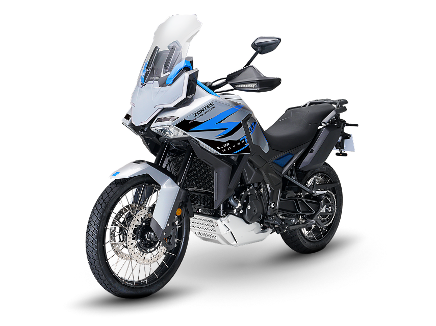 Zontes motos en Uruguay - Moto Zontes 703F con frente elevado, detalles azules y silueta adventure. Zontes motos en Uruguay - Zontes 703F gris, blanco y azul con parabrisas alto, ruedas de rayos y carrocería angular.