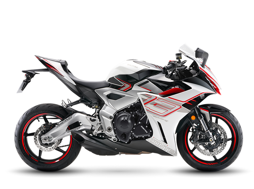 Zontes motos en Uruguay - Zontes 703RR con perfil firme, asiento elevado y una configuracion pensada para una conduccion sport. Zontes motos en Uruguay - Zontes 703RR blanca con detalles negros y rojos, carenado integral y una silueta lateral de caracter deportivo.