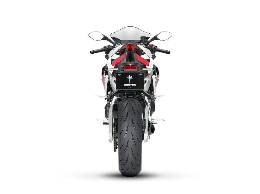 Zontes motos en Uruguay - Vista posterior de la Zontes 703RR con una figura compacta, llanta trasera protagonista y detalles rojos visibles. Zontes motos en Uruguay - Parte trasera de la Zontes 703RR con colin elevado, rueda ancha y una silueta simetrica de estilo deportivo.