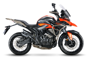 Zontes motos en Uruguay - Zontes 350T en color naranja y negro con parabrisas alto, defensas laterales y ruedas de rayos.