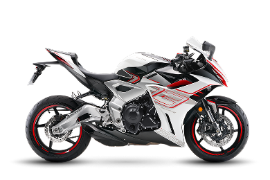 Zontes motos en Uruguay - Zontes 703RR en color blanco con detalles rojos y negros, carenado deportivo y postura racing.