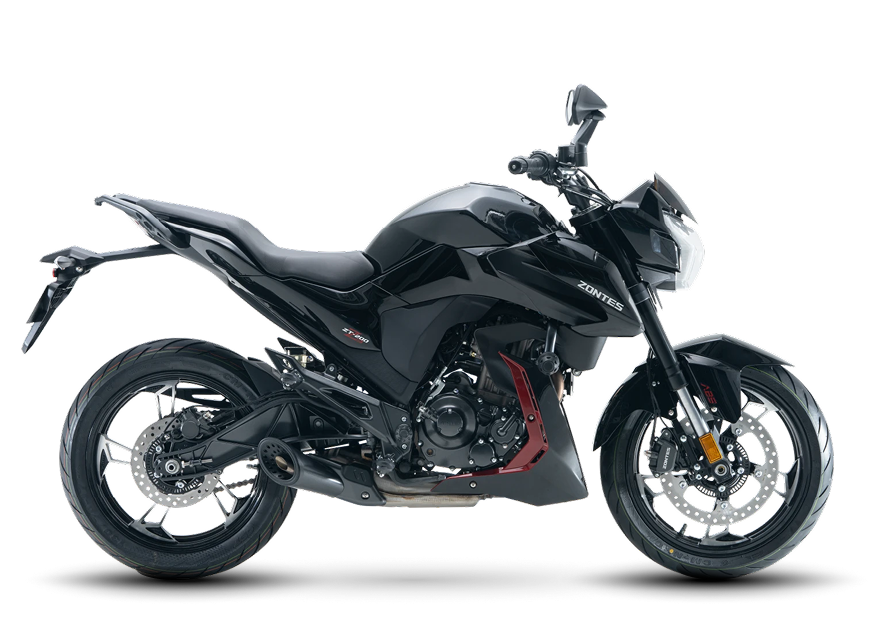 Zontes motos en Uruguay - Zontes 200Z negra con detalles rojos, perfil completo y una silueta naked de fuerte presencia urbana.