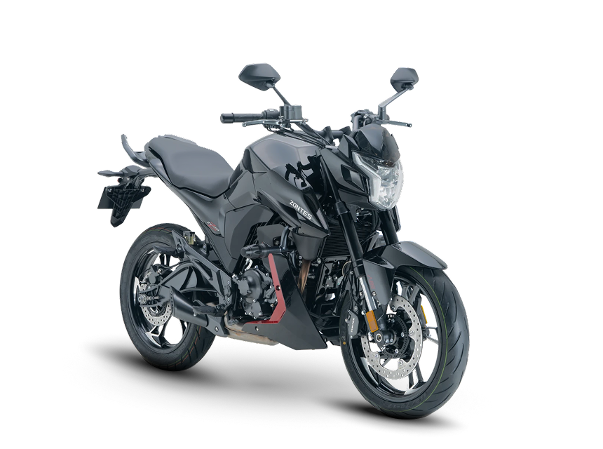 Zontes motos en Uruguay - Zontes 200Z negra con detalles rojos, faro angular y una postura compacta de gran personalidad.