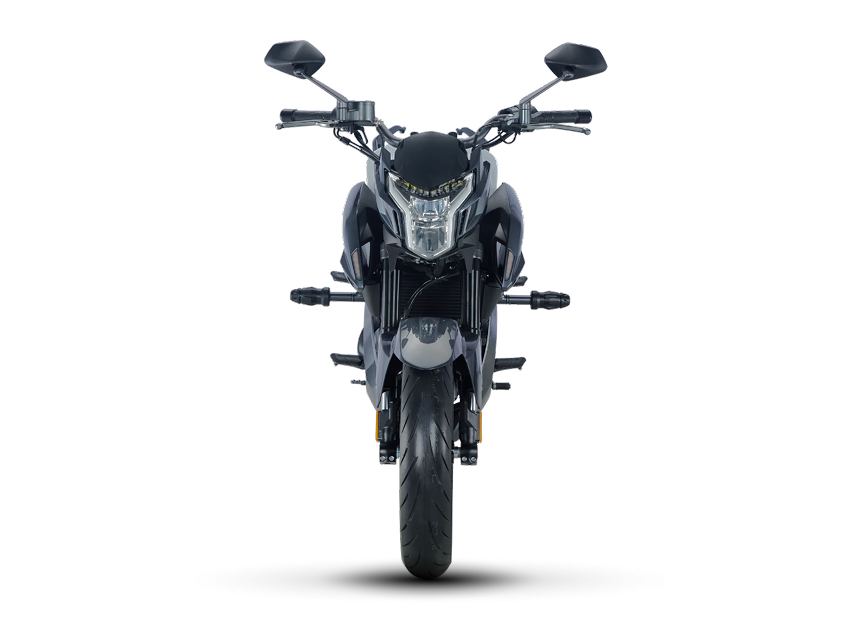 Zontes motos en Uruguay - Frente de la Zontes 200Z negra con faro central, manillar ancho y una composicion simetrica de rasgos firmes.
