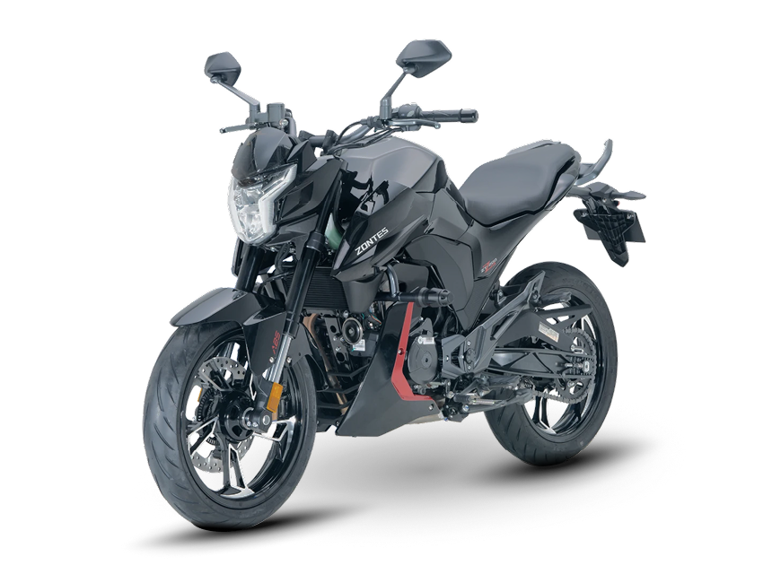 Zontes motos en Uruguay - Zontes 200Z negra con detalles rojos, faro angular y una figura compacta de estilo naked.
