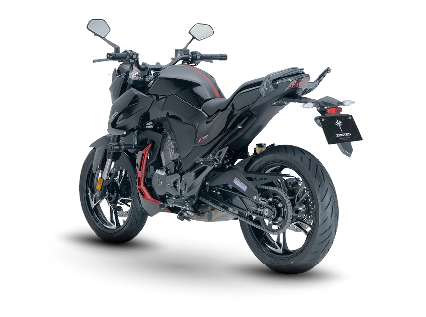 Zontes motos en Uruguay - Zontes 200Z negra con detalles rojos, sector posterior elevado y una rueda trasera de gran protagonismo.