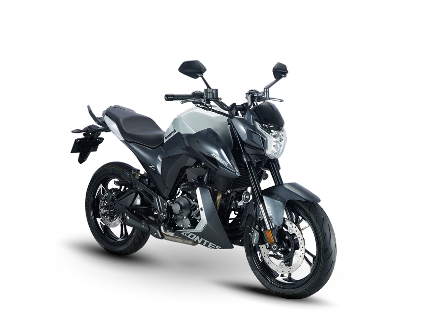 Zontes motos en Uruguay - Zontes 200Z gris con frente compacto, faro angular y una postura de gran presencia sobre sus dos ruedas.