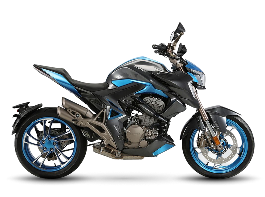 Zontes motos en Uruguay - Zontes 310R azul y negra con lateral completo, asiento dividido y detalles mecanicos visibles.