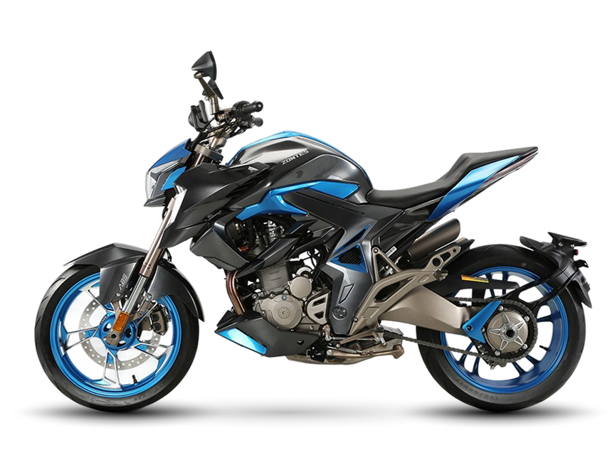 Zontes motos en Uruguay - Zontes 310R azul y negra mostrando el lateral opuesto con cadena, basculante y rueda trasera visibles.