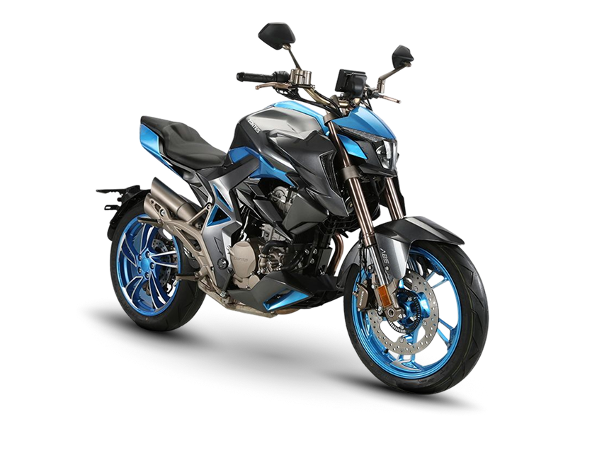 Zontes motos en Uruguay - Moto Zontes 310R azul y negra en posicion diagonal con frente anguloso y horquilla invertida.
