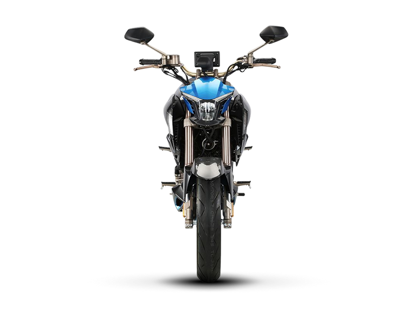 Zontes motos en Uruguay - Frente de la Zontes 310R con faro central, manillar ancho y rueda delantera alineada.