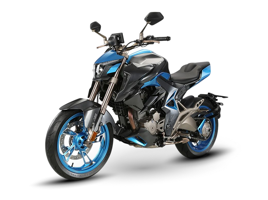 Zontes motos en Uruguay - Zontes 310R azul y negra en diagonal mostrando frente, lateral y llanta delantera azul.