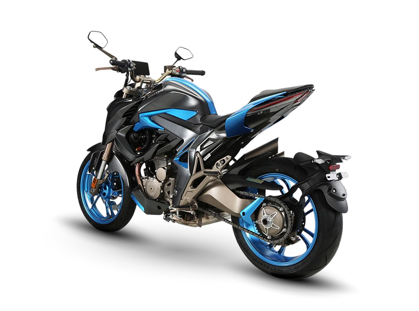 Zontes motos en Uruguay - Zontes 310R azul y negra con parte trasera lateral, doble escape elevado y llanta posterior azul.