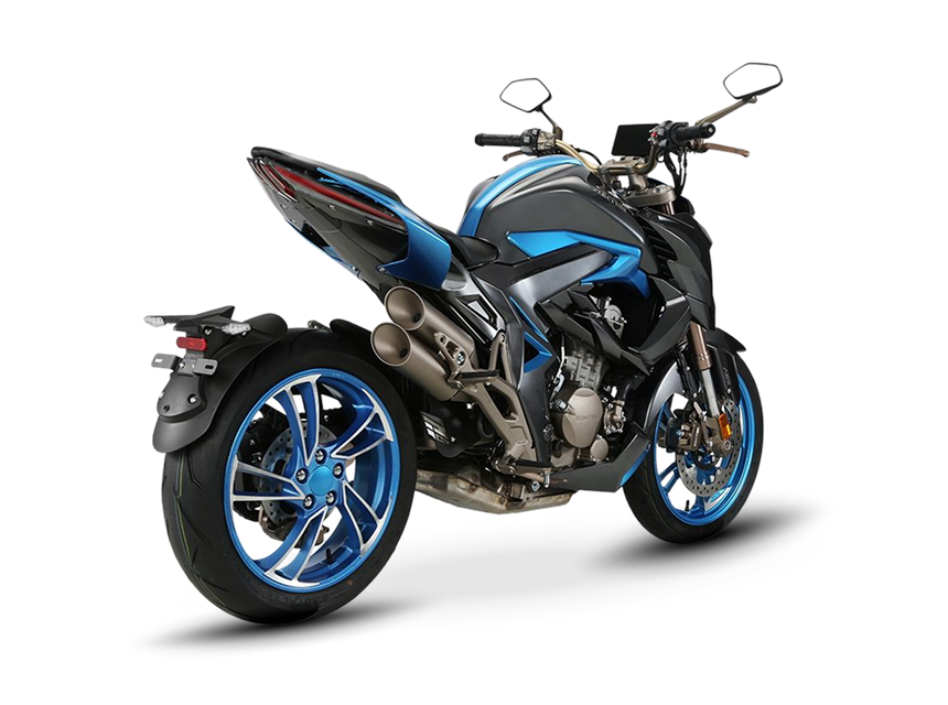 Zontes motos en Uruguay - Zontes 310R azul y negra con vista trasera lateral opuesta, doble escape y llanta azul.
