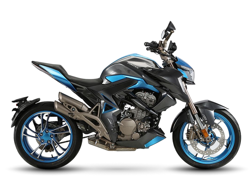 Zontes motos en Uruguay - Moto Zontes 310R azul y negra con perfil lateral, motor expuesto y llantas azules.