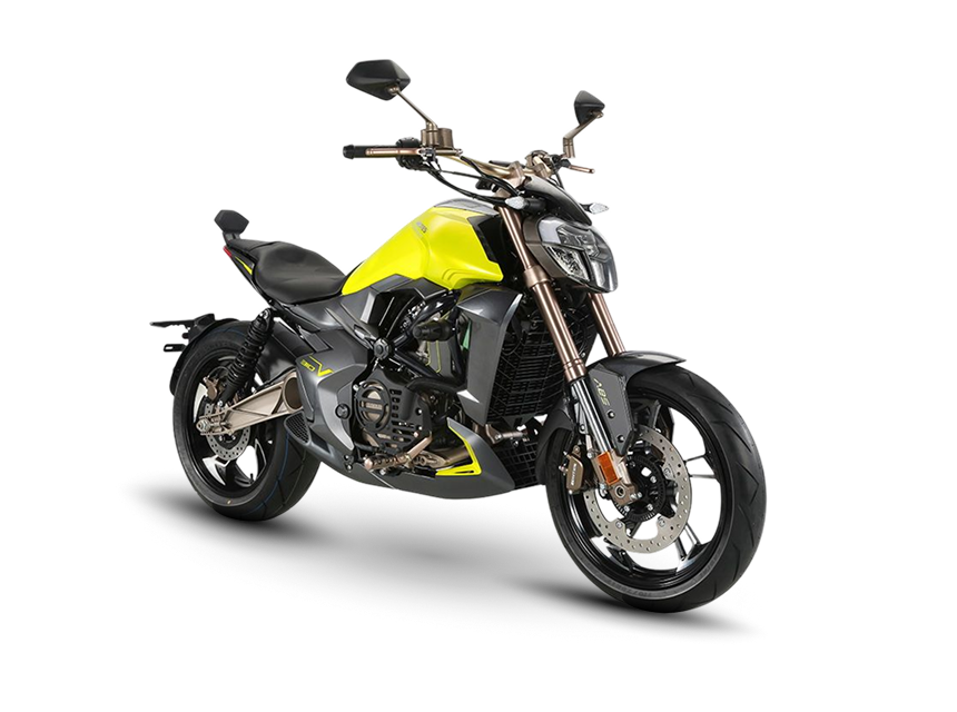 Zontes motos en Uruguay - Moto Zontes 310V amarilla y negra en posicion diagonal con frente anguloso y horquilla invertida.