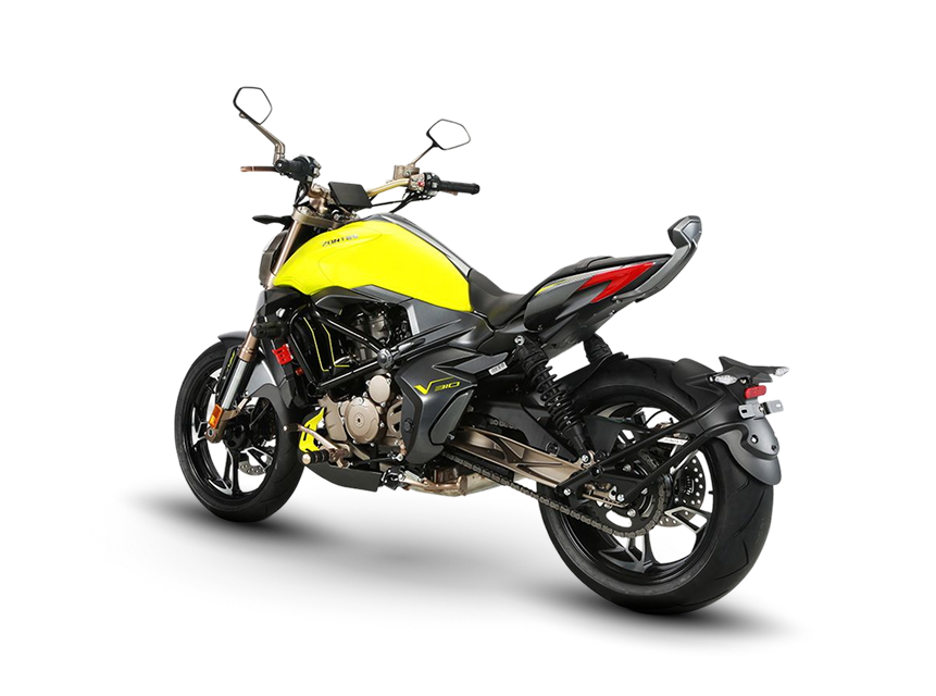 Zontes motos en Uruguay - Zontes 310V amarilla y negra con parte trasera lateral, asiento elevado y rueda posterior ancha.