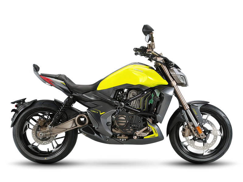 Zontes motos en Uruguay - Moto Zontes 310V amarilla y negra con perfil lateral, motor expuesto y ruedas oscuras.