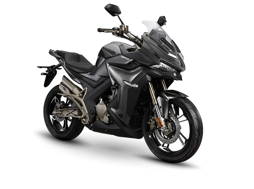 Zontes motos en Uruguay - Moto Zontes 310X gris oscuro en posicion diagonal con parabrisas alto, frente anguloso y rueda delantera visible.