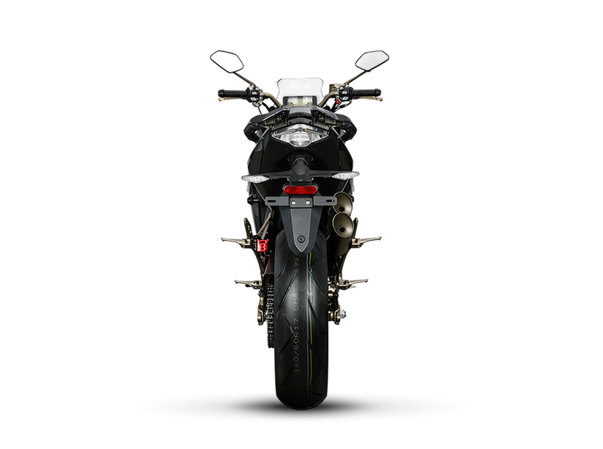 Zontes motos en Uruguay - Parte trasera de la Zontes 310X con rueda ancha, faro posterior y doble escape a un costado.