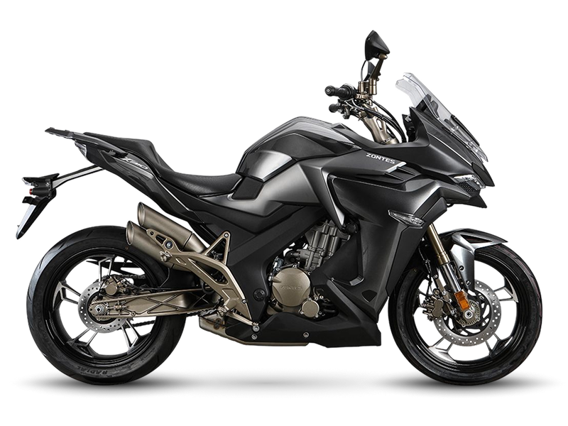 Zontes motos en Uruguay - Moto Zontes 310X gris oscuro con perfil lateral, parabrisas alto y doble escape elevado.