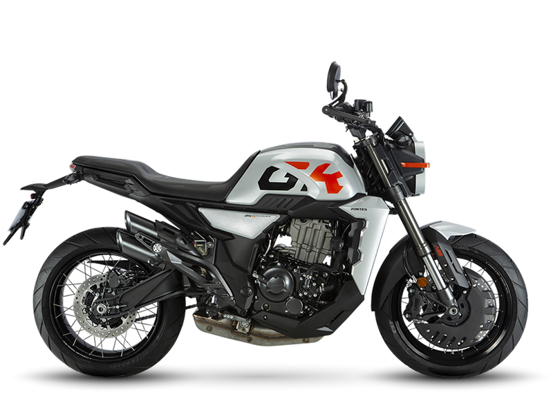 Zontes motos en Uruguay - Moto Zontes 350GK en color blanco, negro y gris con silueta lateral definida. Zontes motos en Uruguay - Zontes 350GK blanca, negra y gris de perfil con faro redondo y detalles naranjas.