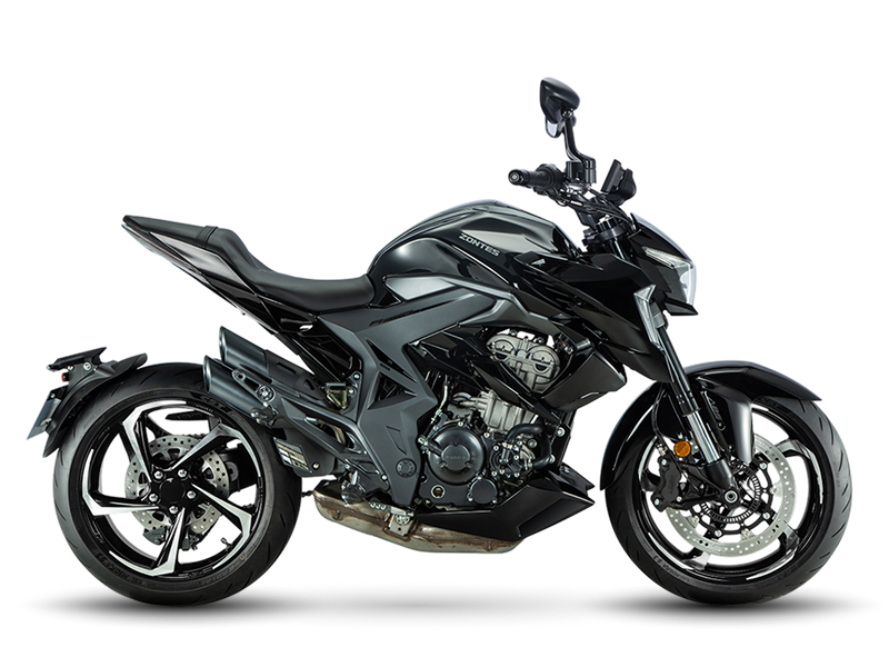 Zontes motos en Uruguay - Zontes 350R negra y gris con vista lateral izquierda. Zontes motos en Uruguay - Zontes 350R negra y gris de perfil izquierdo sobre fondo transparente.