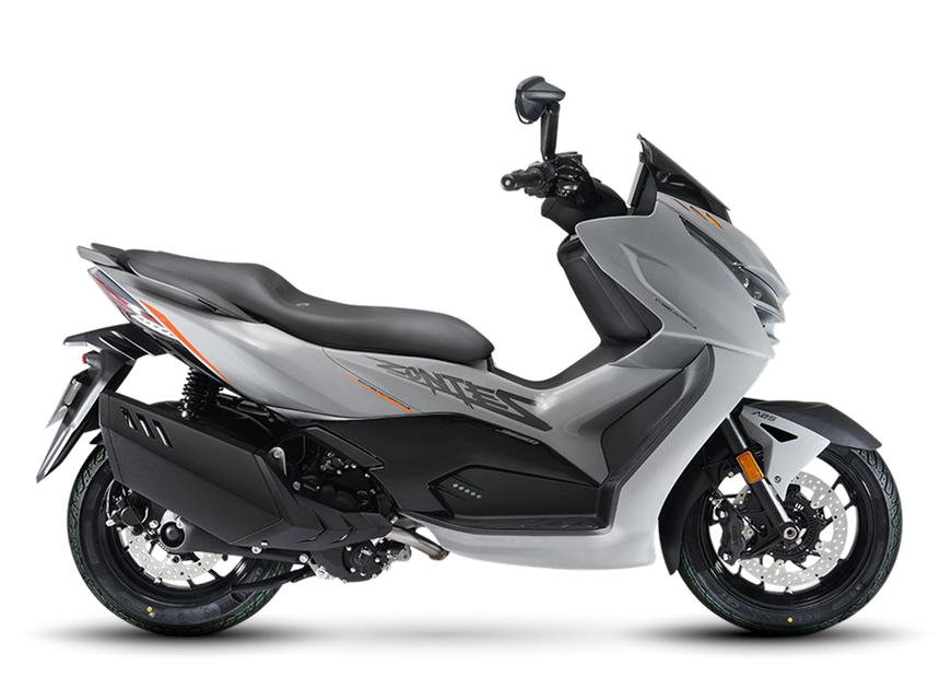 Zontes motos en Uruguay - Scooter 368D gris con perfil definido, carroceria de lineas tensas y nombre de version arriba. Zontes motos en Uruguay - Zontes 368D gris claro con lateral completo y grafica del modelo ubicada en la parte superior.