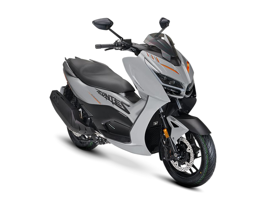 Zontes motos en Uruguay - Zontes 368D gris con carenado delantero agresivo y asiento extendido. Zontes motos en Uruguay - Scooter Zontes 368D gris claro con frente anguloso, ruedas oscuras y postura diagonal.