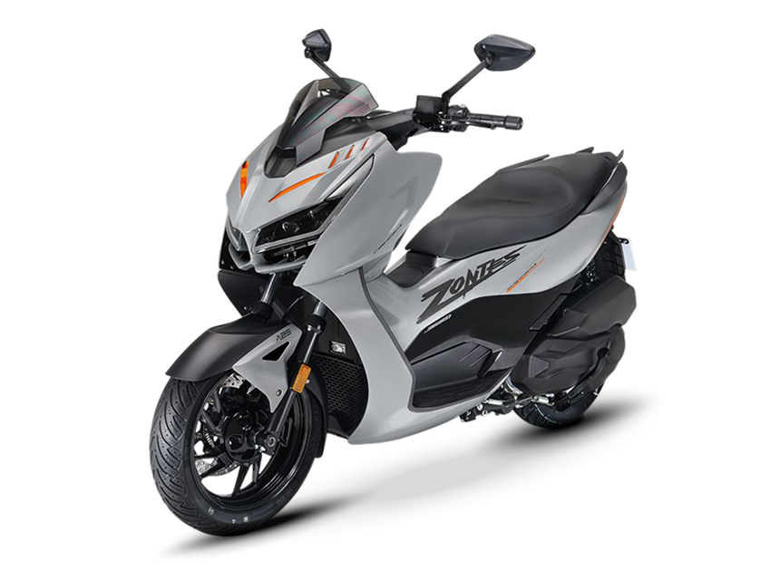 Zontes motos en Uruguay - Scooter 368D gris con superficies tensas, asiento amplio y parte frontal deportiva. Zontes motos en Uruguay - Zontes 368D gris claro con carroceria compacta, frente marcado y rueda delantera visible.