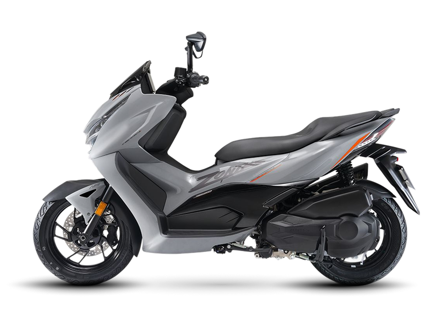 Zontes motos en Uruguay - Scooter 368D gris con perfil opuesto, carroceria fluida y detalles naranjas en la cola. Zontes motos en Uruguay - Zontes 368D gris claro mostrando el otro lateral con asiento corrido y conjunto mecanico trasero.