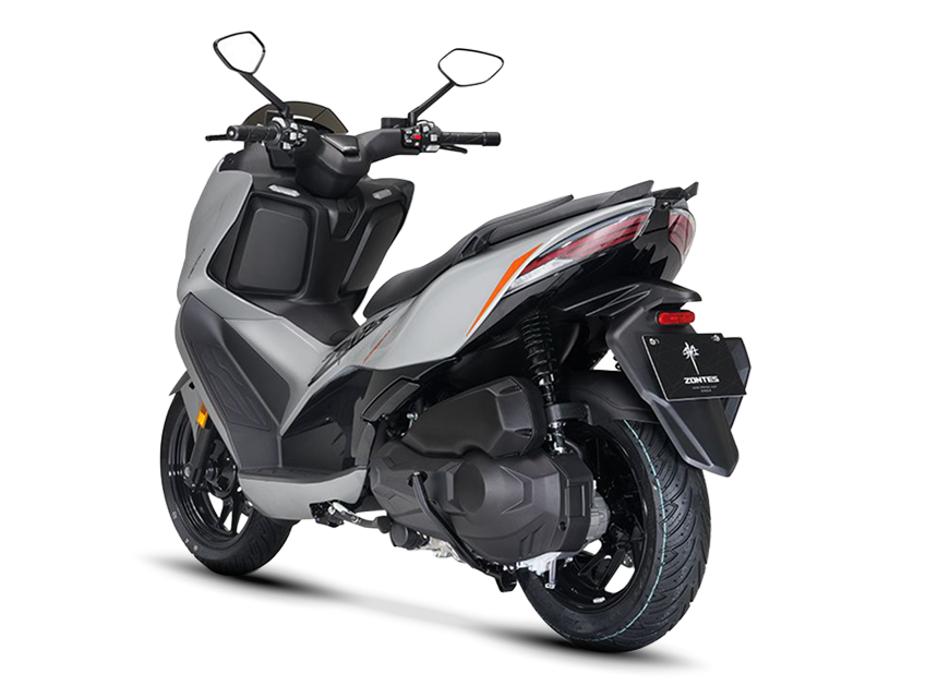 Zontes motos en Uruguay - Scooter 368D gris con cola estilizada, guardabarros trasero y detalles mecanicos expuestos. Zontes motos en Uruguay - Zontes 368D gris claro con sector trasero visible, suspension lateral y luz posterior alargada.