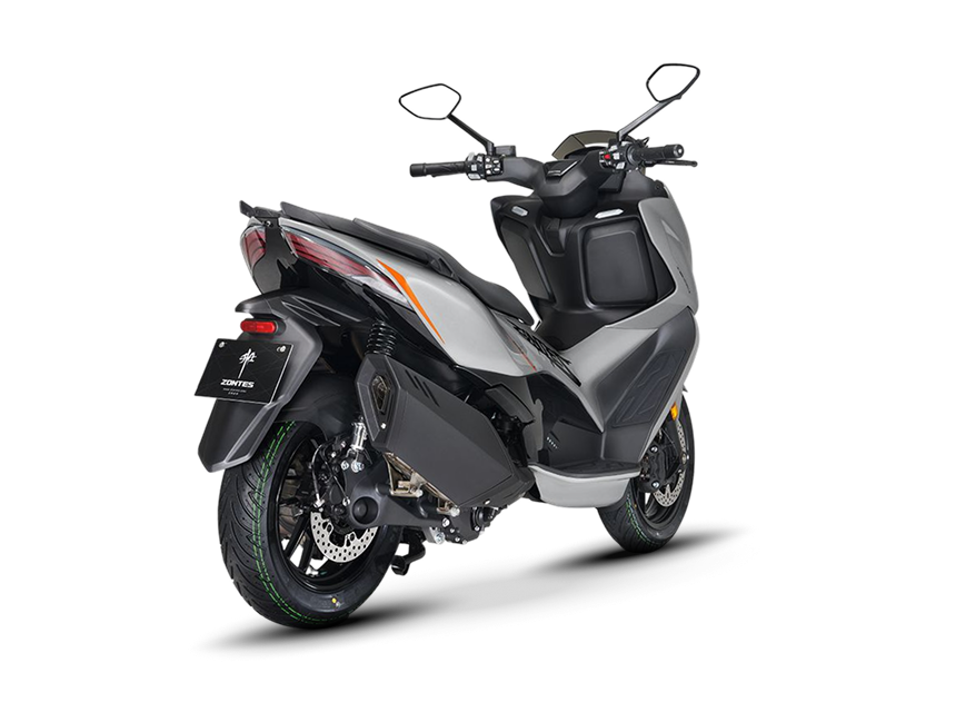 Zontes motos en Uruguay - Scooter 368D gris en posicion diagonal con rueda trasera, suspension y cola estilizada. Zontes motos en Uruguay - Zontes 368D gris con parte trasera lateral, escape visible y carroceria bicolor en tonos claros y oscuros.