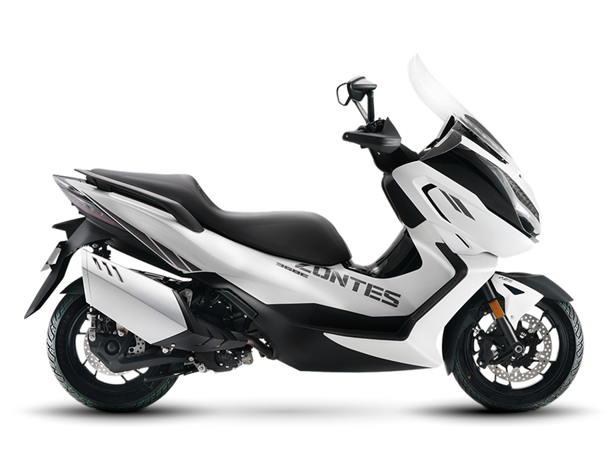 Zontes motos en Uruguay - Scooter 368E blanco con carroceria estilizada, freno delantero visible y silueta urbana. Zontes motos en Uruguay - Zontes 368E blanco mostrando su lateral completo con asiento doble, escape integrado y parabrisas alto.