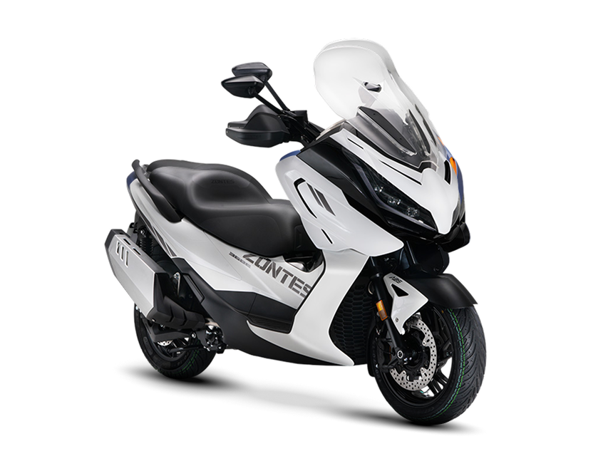 Zontes-motos-Uruguay-Zontes motos en Uruguay - Zontes 368E blanco con diseño delantero marcado, ruedas oscuras y carroceria bicolor.-2 Zontes motos en Uruguay - Scooter Zontes 368E blanco con parabrisas alto y frente anguloso en posicion diagonal.