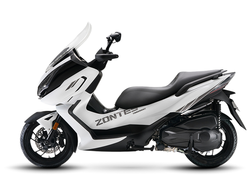 Zontes motos en Uruguay - Zontes 368E blanco mostrando su otro costado con asiento largo y conjunto mecanico posterior. Zontes motos en Uruguay - Scooter Zontes 368E blanco con lateral opuesto visible, parabrisas alto y carroceria de lineas continuas.