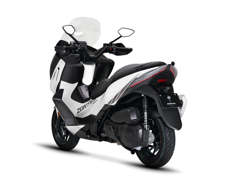 Zontes motos en Uruguay - Scooter 368E blanco con cola estilizada, guardabarros trasero y detalles mecanicos expuestos. Zontes motos en Uruguay - Zontes 368E blanco mostrando la parte trasera lateral con luz posterior, escape y suspension visibles.