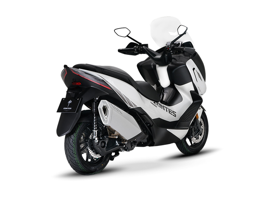 Zontes motos en Uruguay - Scooter 368E blanco en posicion diagonal mostrando cola, suspension y carroceria bicolor. Zontes motos en Uruguay - Zontes 368E blanco con parte trasera lateral visible, asiento doble y escape integrado en el costado.