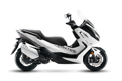 Zontes motos en Uruguay - Scooter Zontes 368E blanco con perfil lateral completo, parabrisas alto y carroceria bicolor.
